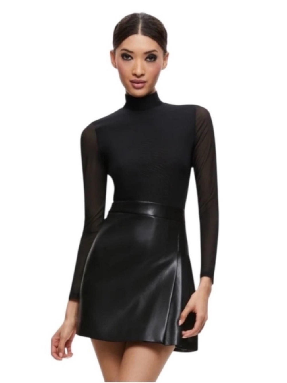 ALICE + OLIVIA Chara Long Sleeve Mesh & Faux Leather
Mini Dress Size 0